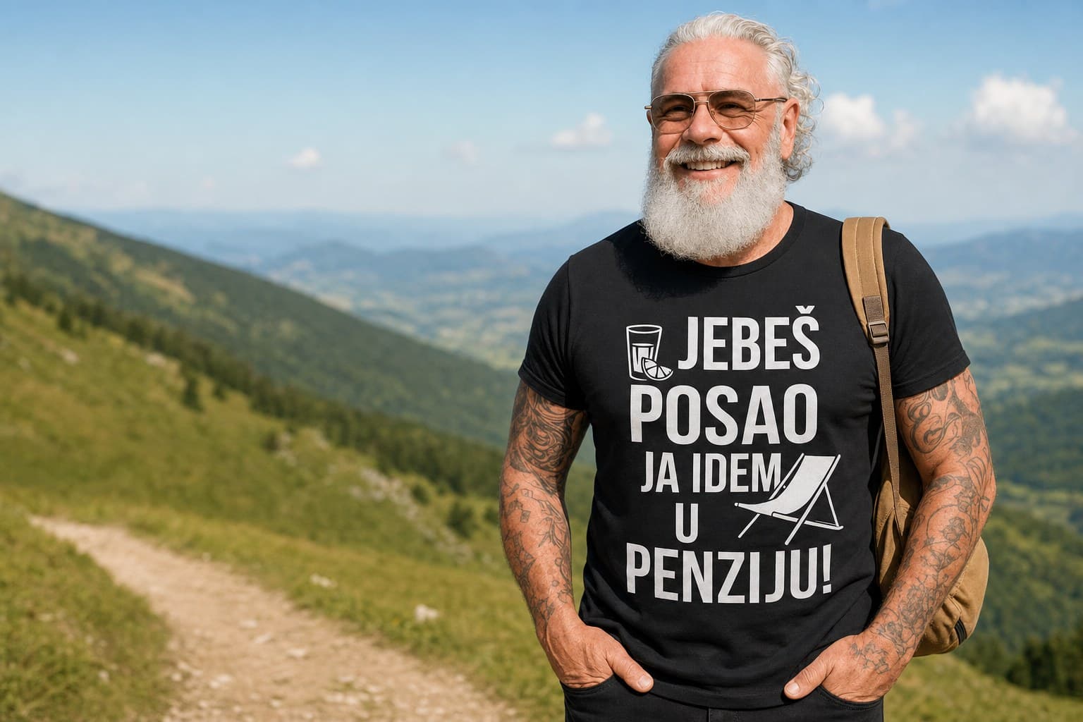 Planinar u planinama nosi majicu s natpisom Top-majice.hr